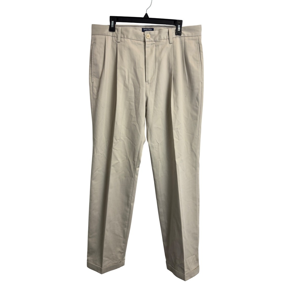 Nautica Rigger Mens 34x32 Pleated Khaki Dress Pants Cuffed Wrinkle Resistant Tan